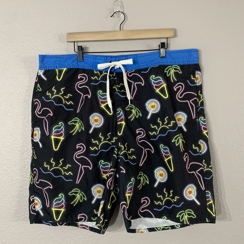 Top Drawer Men's Black Neon Signs Flamingo Board Surf Shorts Swim Trunks Size XL